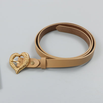 Gold Peach Heart Shape Buckle Top Layer Cowhide Leather Belt