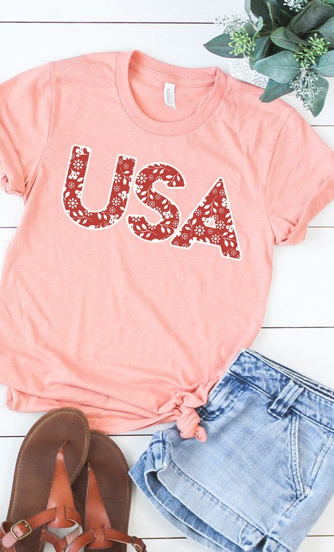 Red and White Floral USA PLUS SIZE Graphic Tee