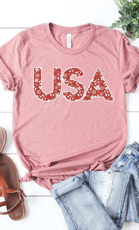 Red and White Floral USA Graphic Tee