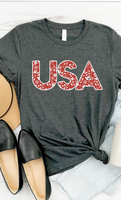 Red and White Floral USA Graphic Tee