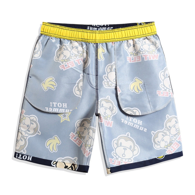 Loose Quick-Drying Printed Straight Striped Blue Summer Beach Casual Shorts