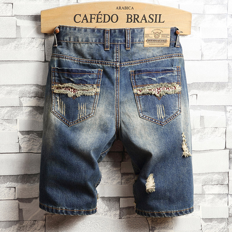 Trend big hole jeans short pants men\&