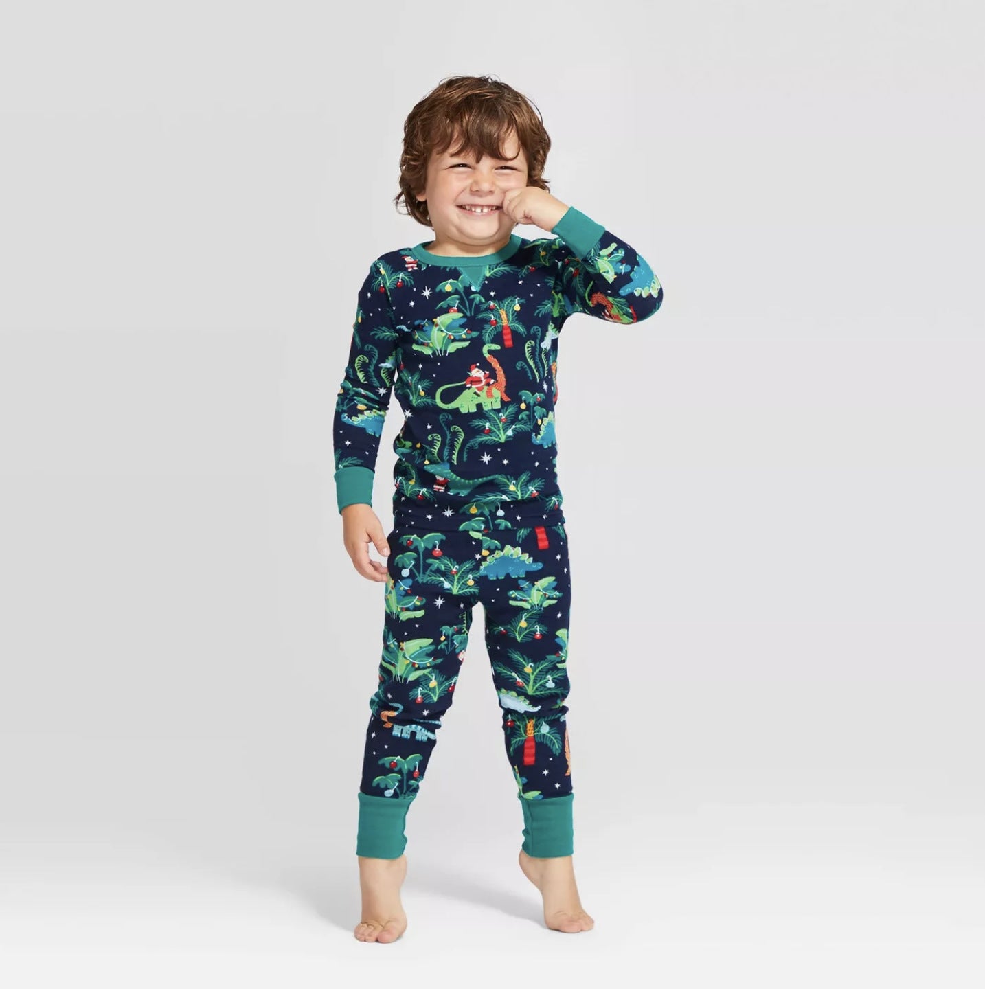 Baby boy and girl with dog European dinosaur Christmas parent-child pajamas
