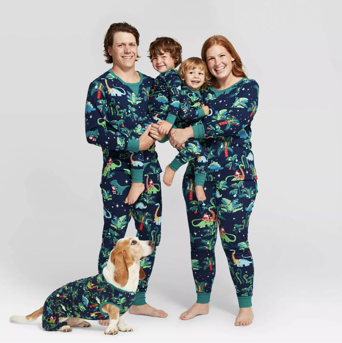 Baby boy and girl with dog European dinosaur Christmas parent-child pajamas