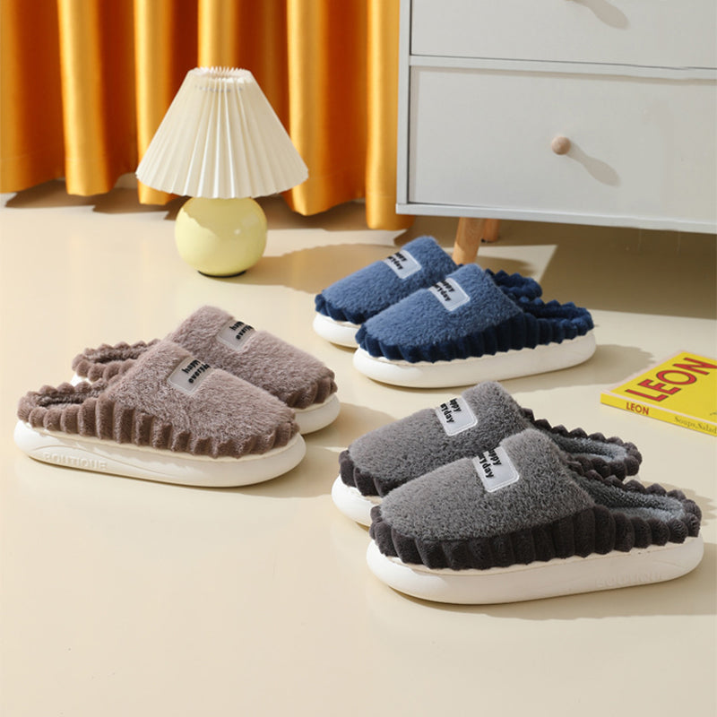 Home Slippers For Men Thick-soled Color-block Letters Fluffy Fleece  House Shoes Winter Indoor Warm Slip On Floor Bedroom Slipper