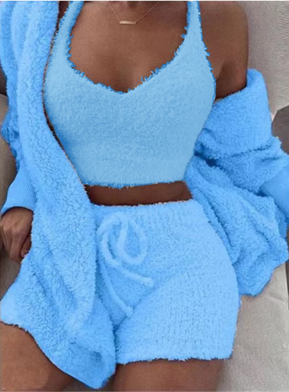 3pcs Womens Clothing Long Sleeve Crop Tank Top And Drawstring Shorts Pajama Set