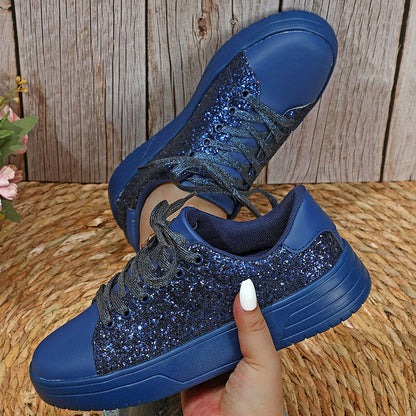Glitter Sequin Design Flats Shoes Women Trendy Casual Thick-soled Lace-up Sneakers Fashion Skateboard Shoes