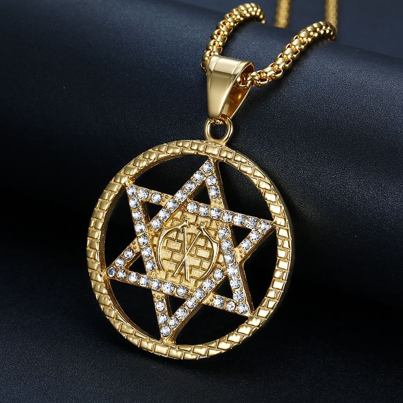 Titanium Steel Gold-plated Diamond David Six-pointed Star Pendant Necklace