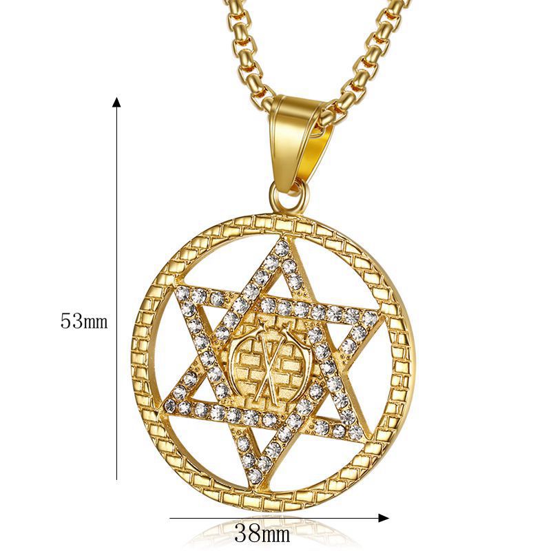 Titanium Steel Gold-plated Diamond David Six-pointed Star Pendant Necklace