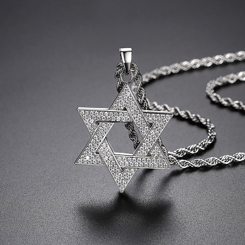 Diamond-encrusted Star Of David Titanium Steel Necklace Solomon Seal Hexagram Necklace