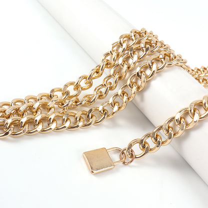 Gold Three-layer Waist Chain Personality Hanging Lock Hollow Metal Belt Trim Decorative Skirt Versatile European And American Cross-border Single Product