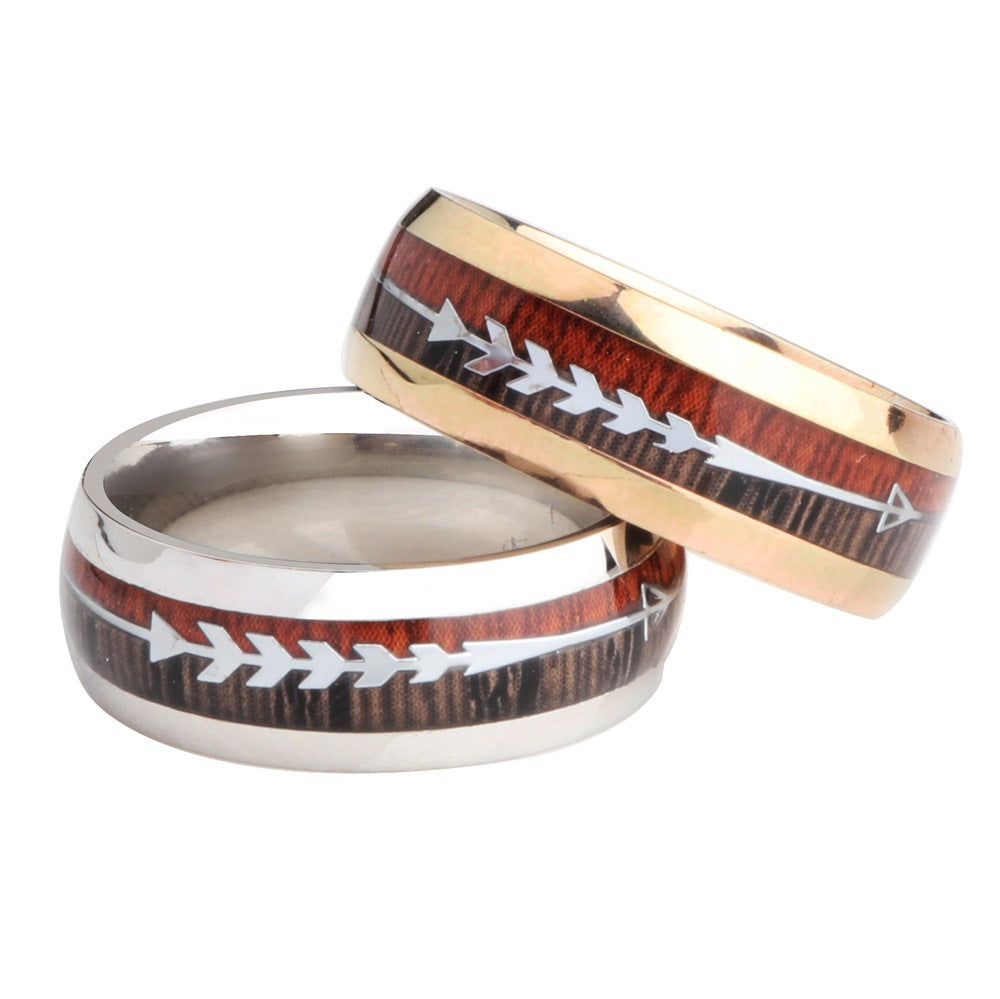 Stainless Steel Wood Grain Arrow Inlaid Ring