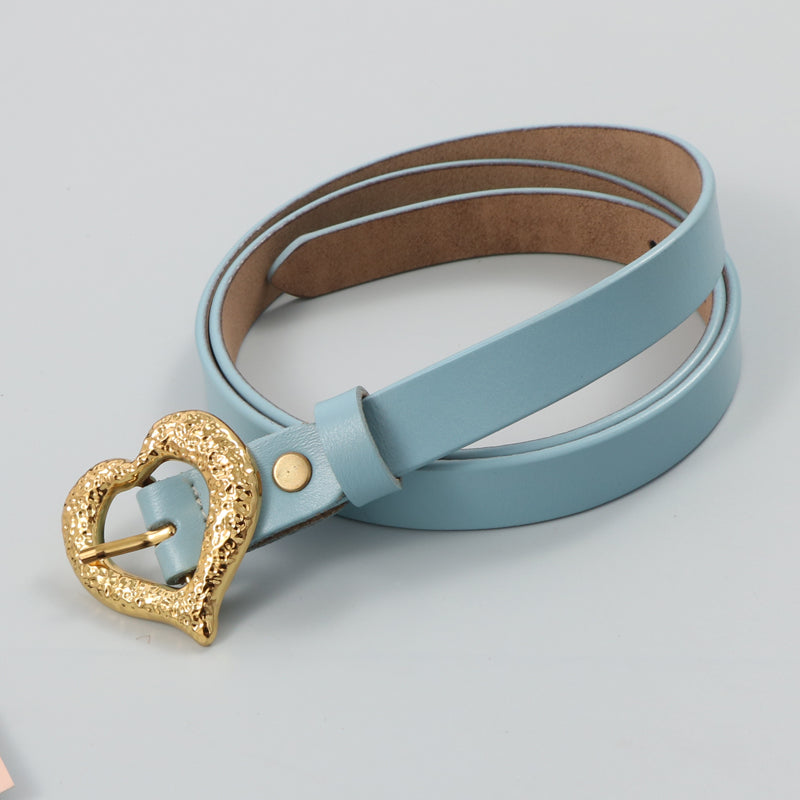 Gold Peach Heart Shape Buckle Top Layer Cowhide Leather Belt