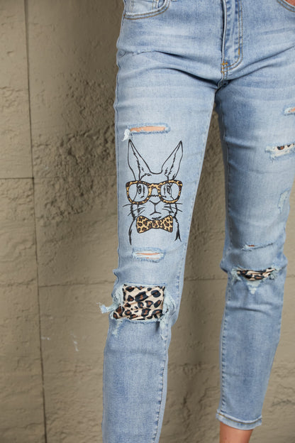 Baeful Easter Leopard Patch Bunny Graphic Jeans