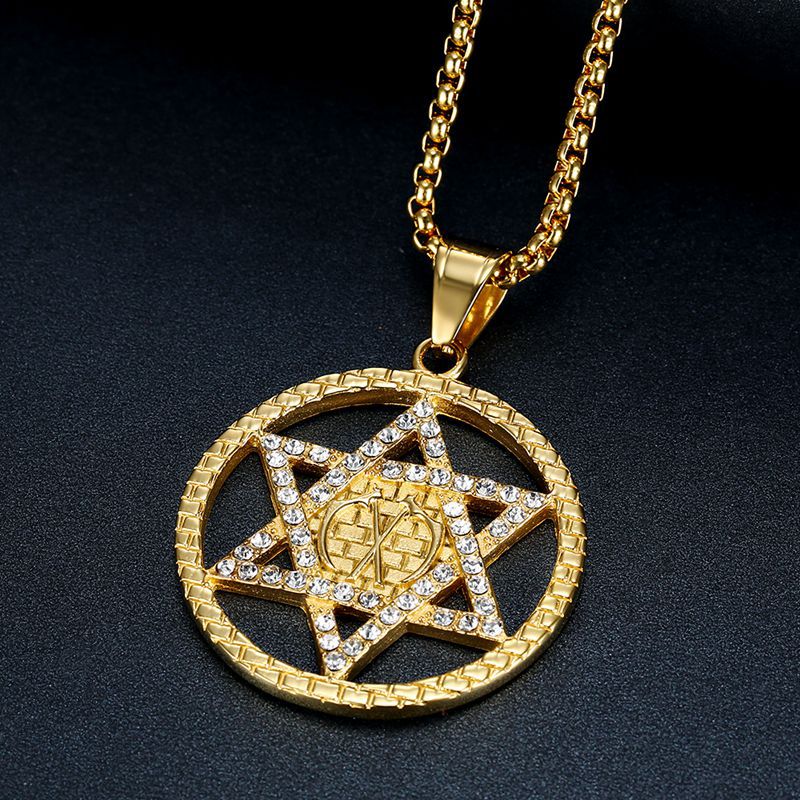 Titanium Steel Gold-plated Diamond David Six-pointed Star Pendant Necklace