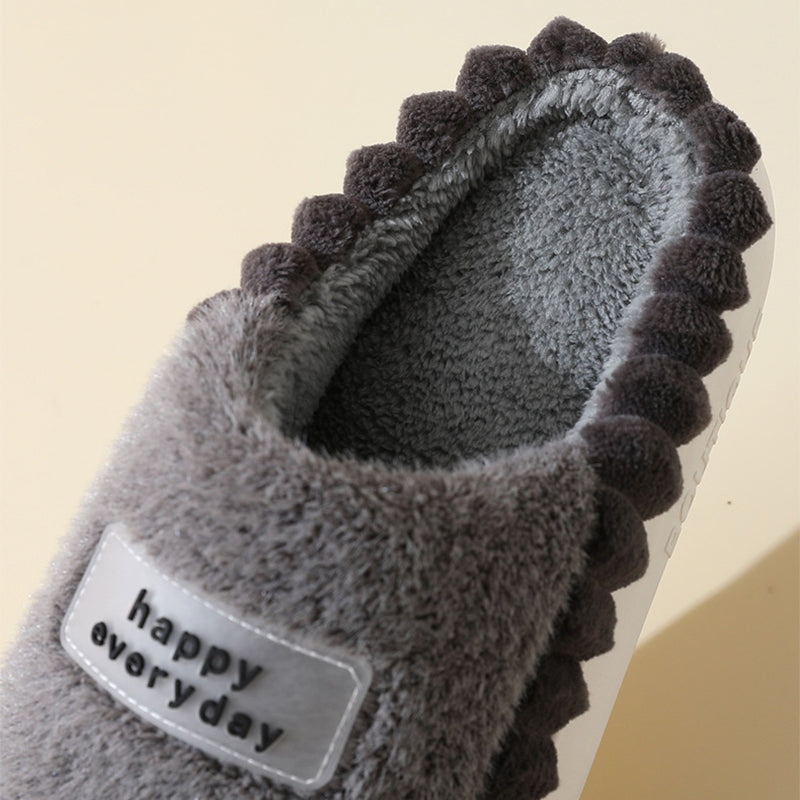 Home Slippers For Men Thick-soled Color-block Letters Fluffy Fleece  House Shoes Winter Indoor Warm Slip On Floor Bedroom Slipper