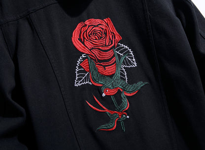 Embroidered Denim Jacket Black Rose