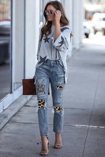 Baeful Easter Leopard Patch Bunny Graphic Jeans