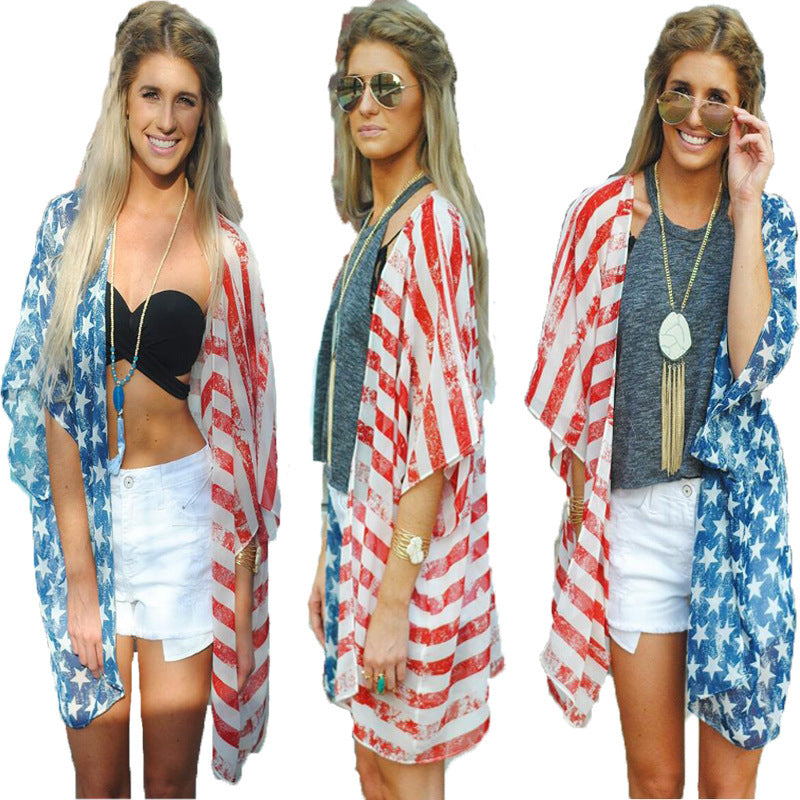 New Independence Day Flag Cardigan Loose Casual Women&