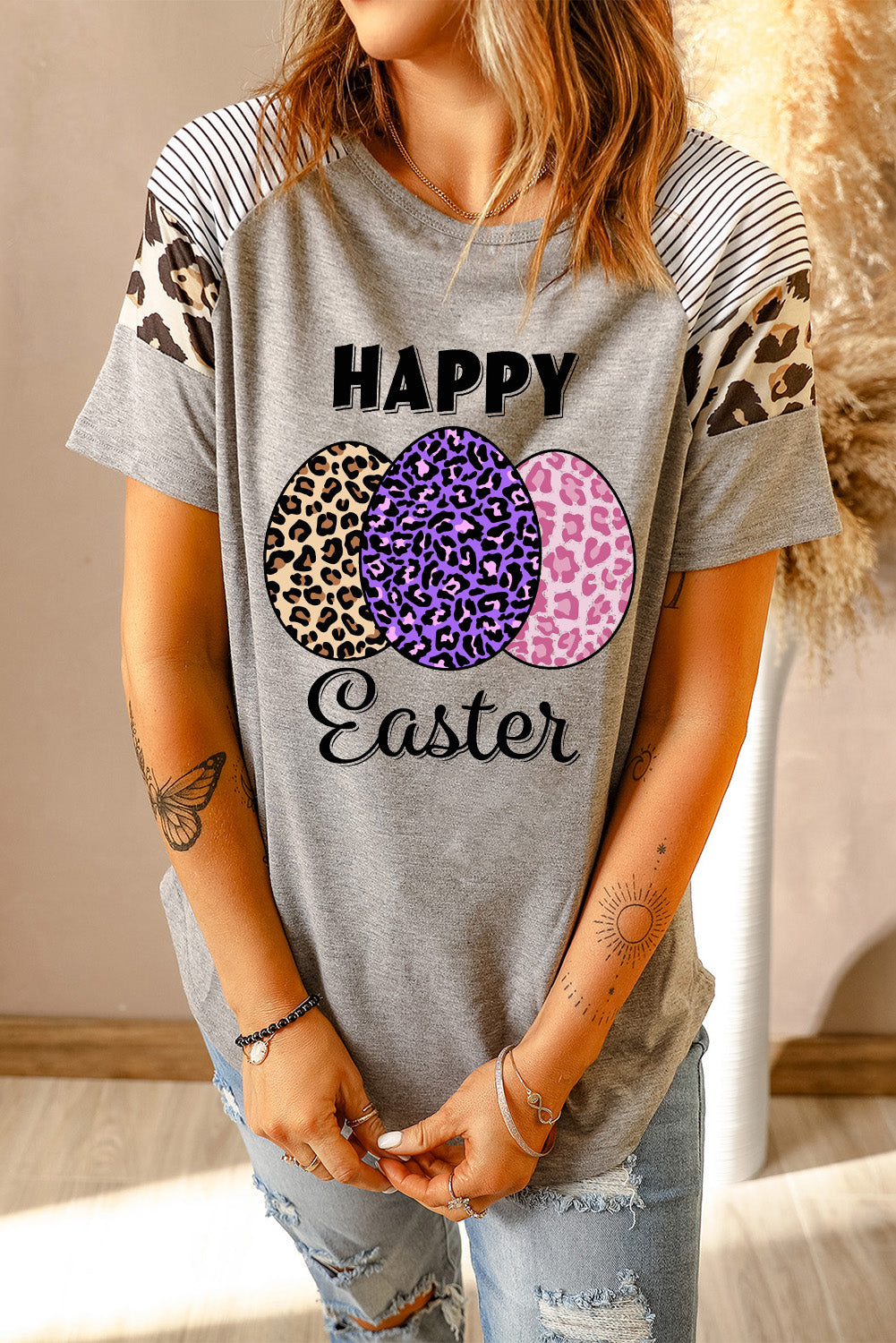 HAPPY EASTER Leopard Graphic Raglan Sleeve Tee