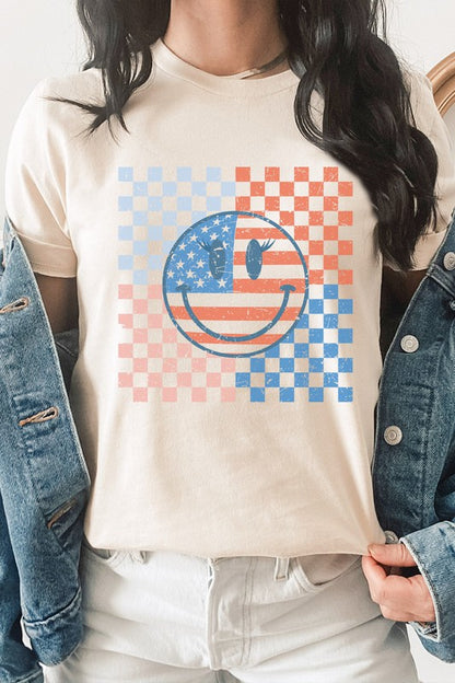 Checkerboard American Flag Smiley Face Graphic Tee