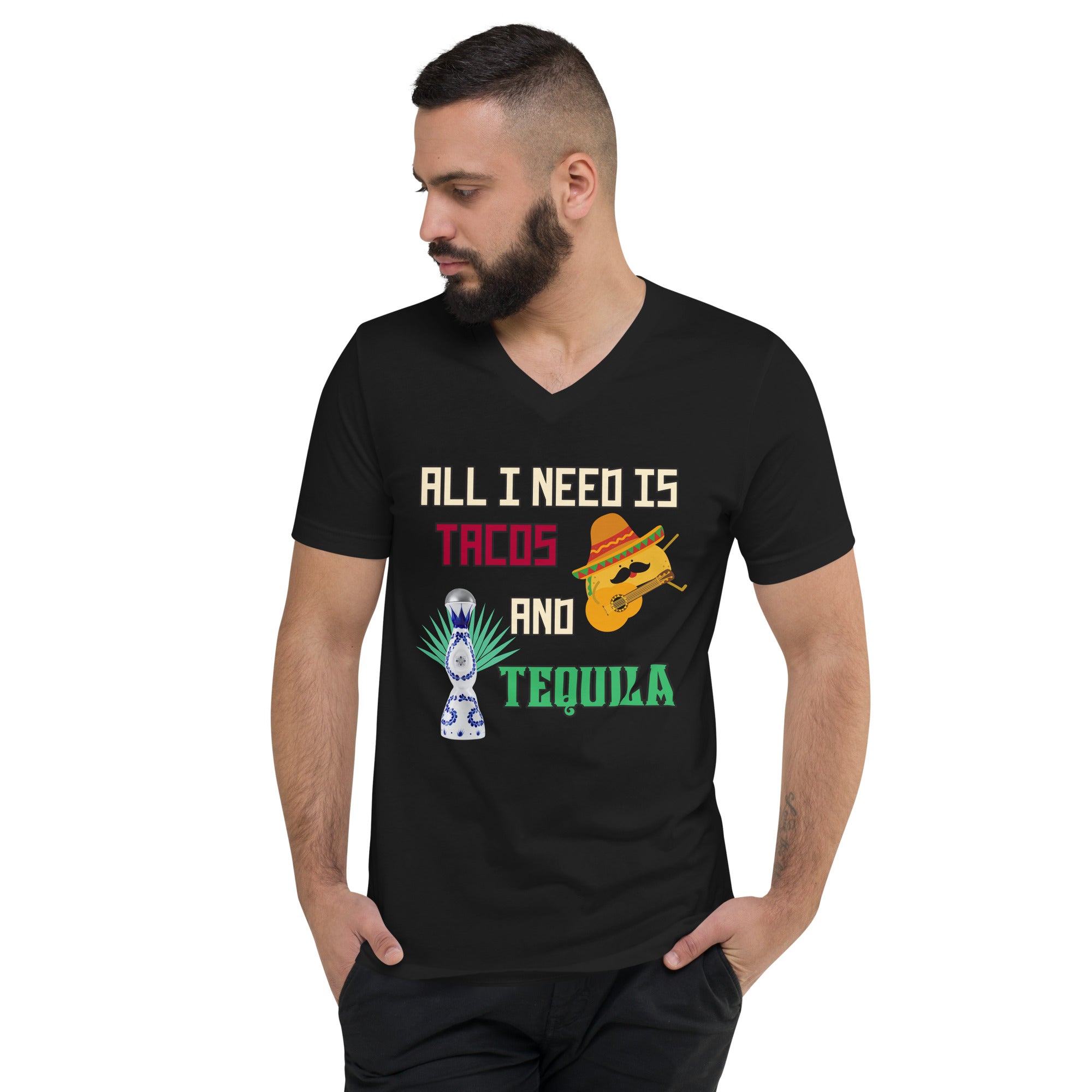 Tacos and Tequila Unisex Short Sleeve V-Neck T-Shirt