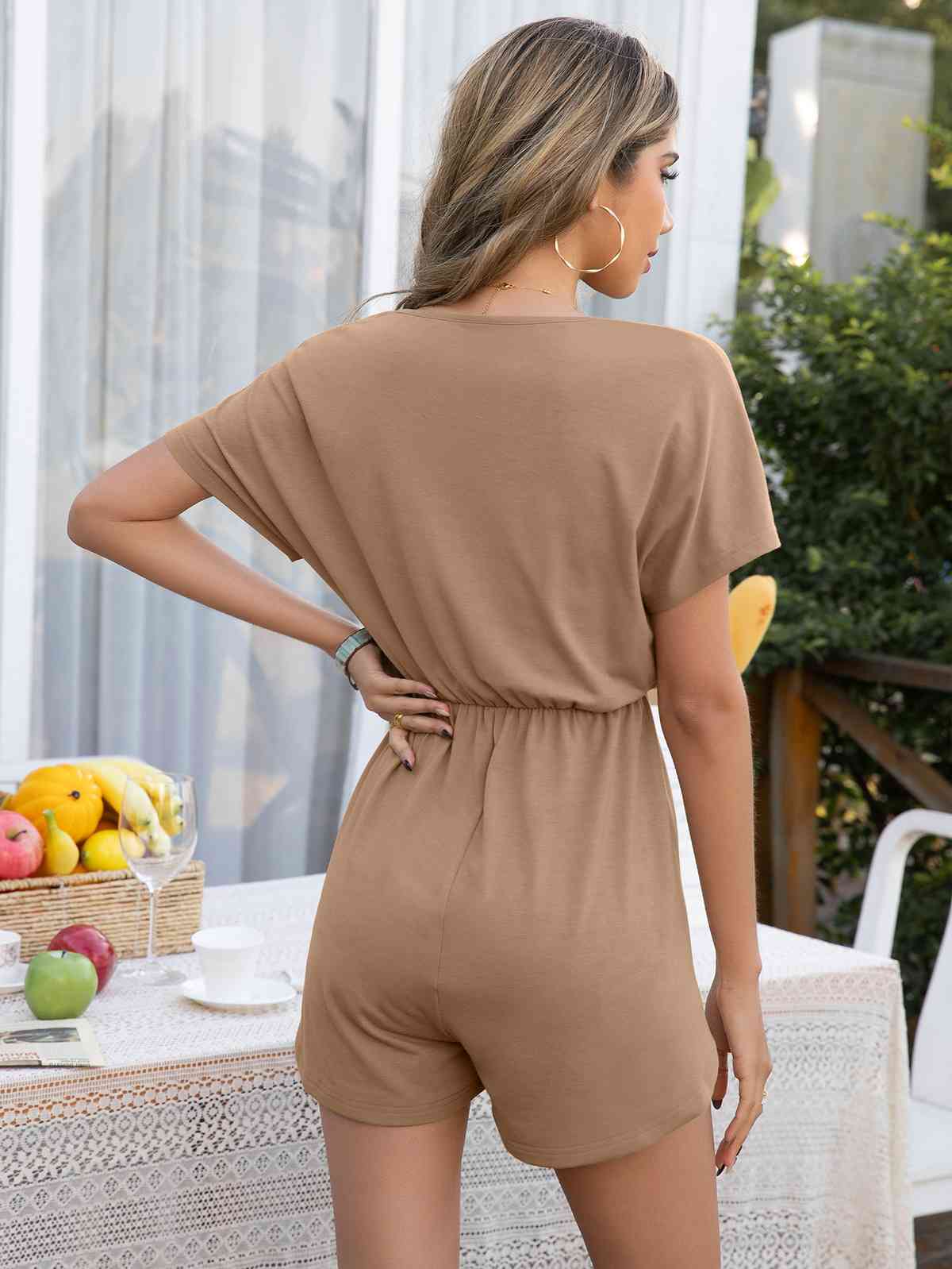 Decorative Button Round Neck Short Sleeve Romper