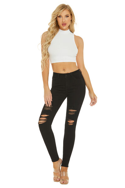 Distressed Mid-Rise Waist Jeans with Pockets