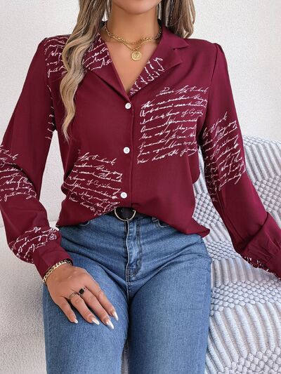 Letter Printed Button Up Long Sleeve Blouse