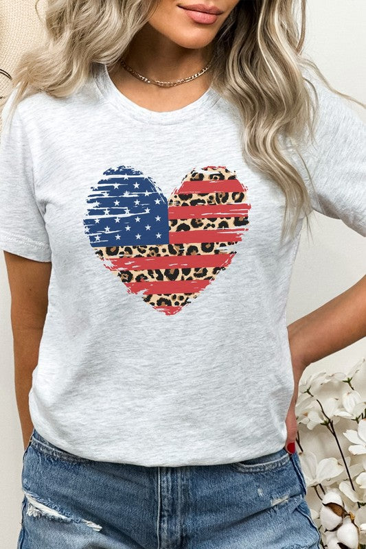 American Flag Leopard Heart Patriotic Graphic Tee