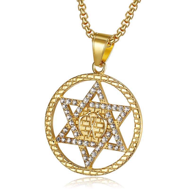 Titanium Steel Gold-plated Diamond David Six-pointed Star Pendant Necklace