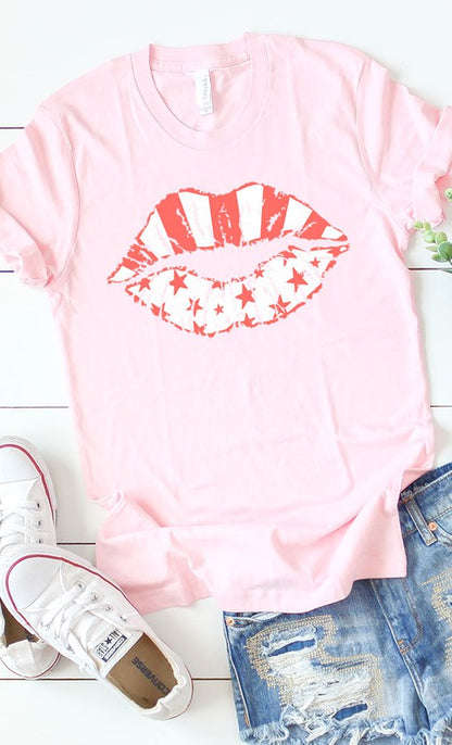 White Stars &amp; pink stripes lips graphic tee