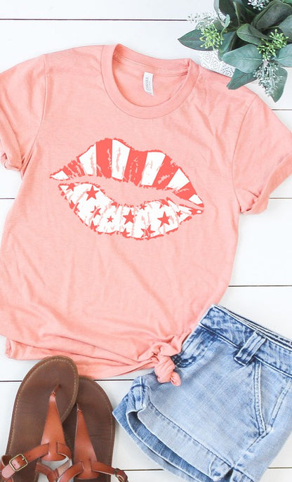 White Stars &amp; pink stripes lips graphic tee