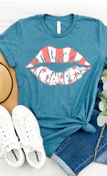 White Stars &amp; pink stripes lips graphic tee