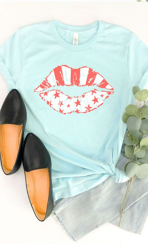 White Stars &amp; pink stripes lips graphic tee