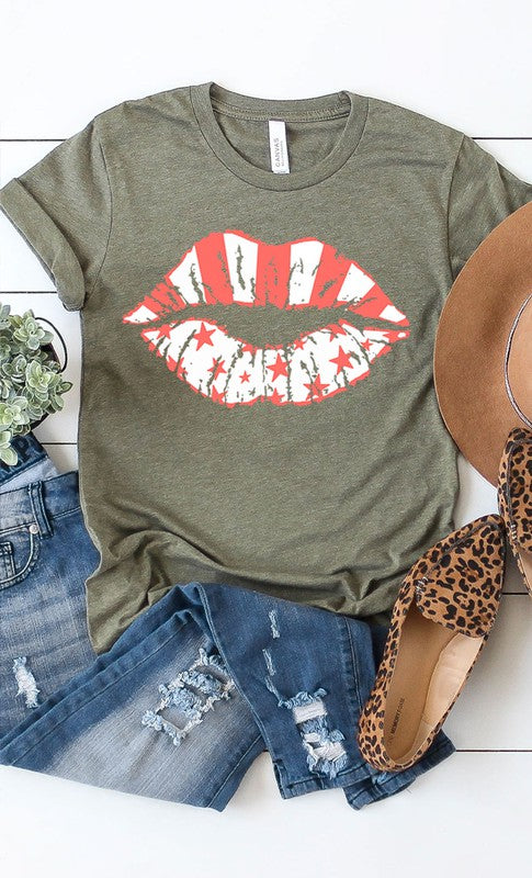 White Stars &amp; pink stripes lips graphic tee