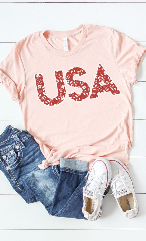 Red and White Floral USA PLUS SIZE Graphic Tee