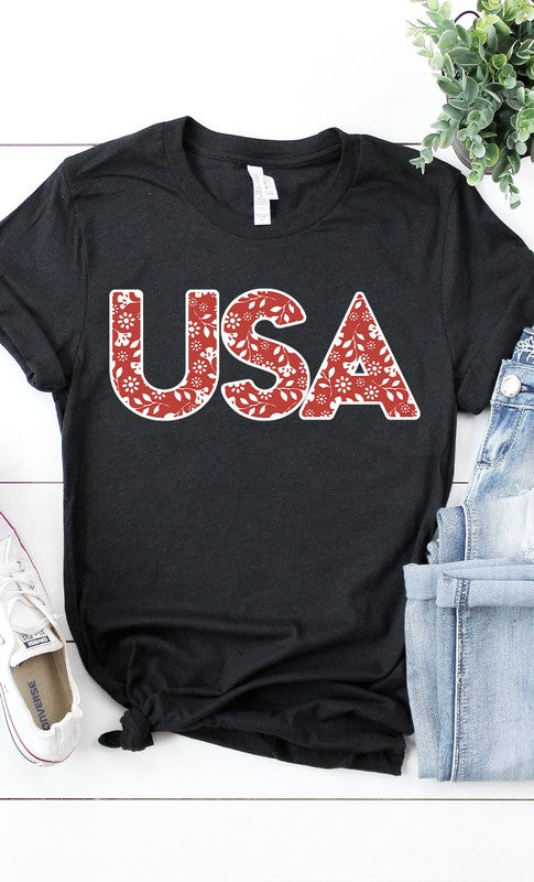 Red and White Floral USA Graphic Tee