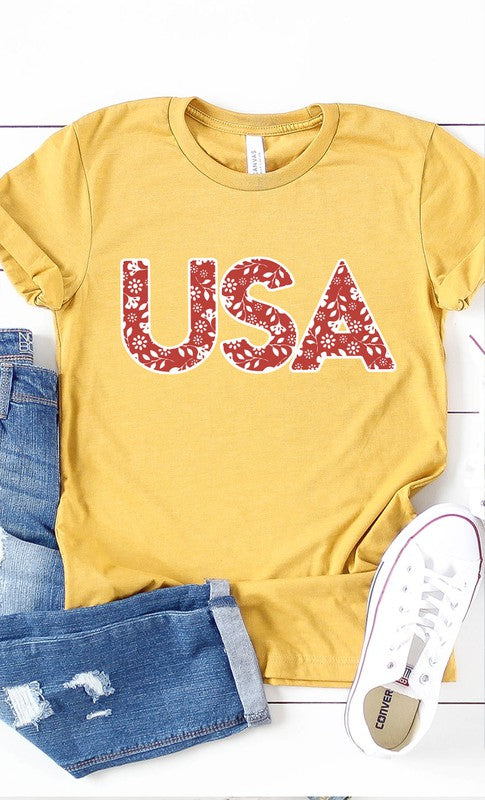 Red and White Floral USA Graphic Tee