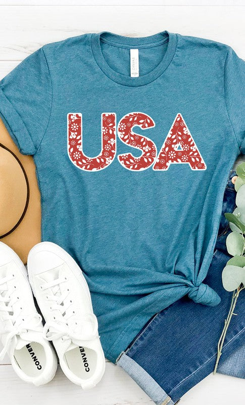 Red and White Floral USA Graphic Tee