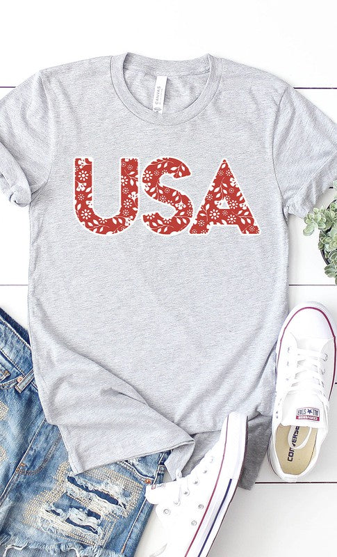 Red and White Floral USA Graphic Tee