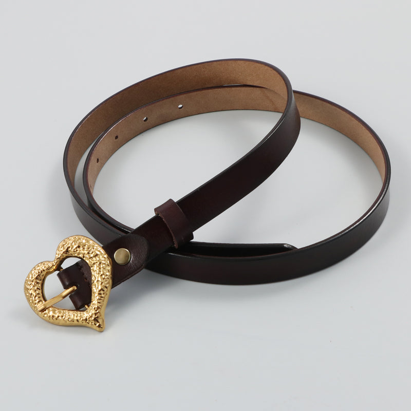 Gold Peach Heart Shape Buckle Top Layer Cowhide Leather Belt