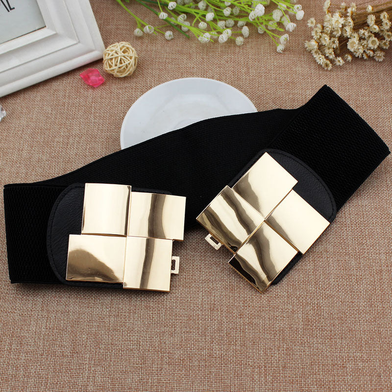 Square Gold Elastic Wide Belt Metal Belt All-match