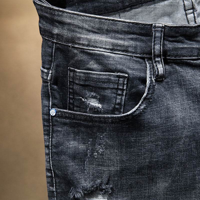 Summer Fashion Brand Worn Out Denim Shorts Youth Handsome 5-point Denim Small Straight Breeches Men"s Denim Pants