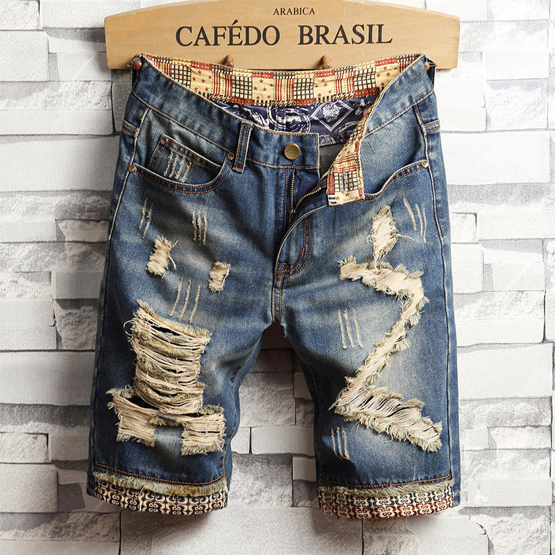 Trend big hole jeans short pants men\&