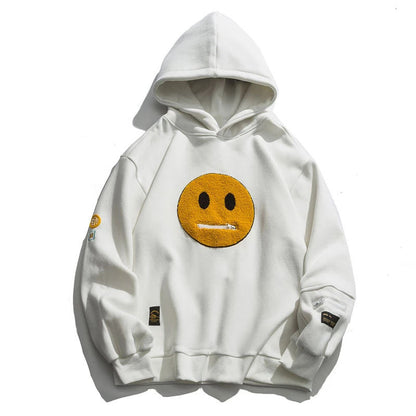 Zipper Pocket Smile Face Patchwork Fleece Hoodie Sweatshirt Streetwear Men&