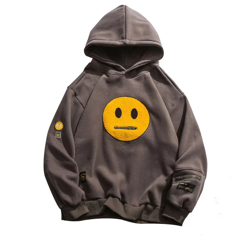 Zipper Pocket Smile Face Patchwork Fleece Hoodie Sweatshirt Streetwear Men&