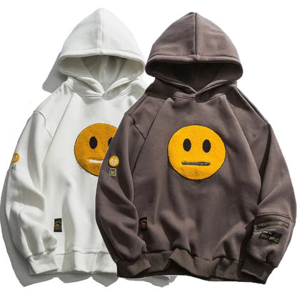 Zipper Pocket Smile Face Patchwork Fleece Hoodie Sweatshirt Streetwear Men&