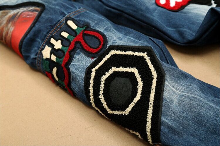 Embroidered denim straight pants