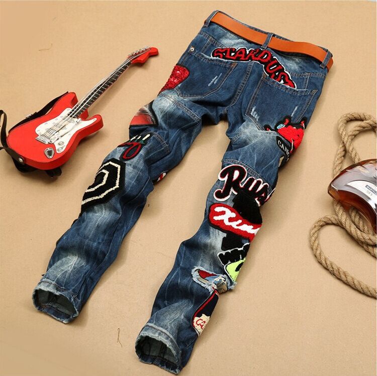 Embroidered denim straight pants